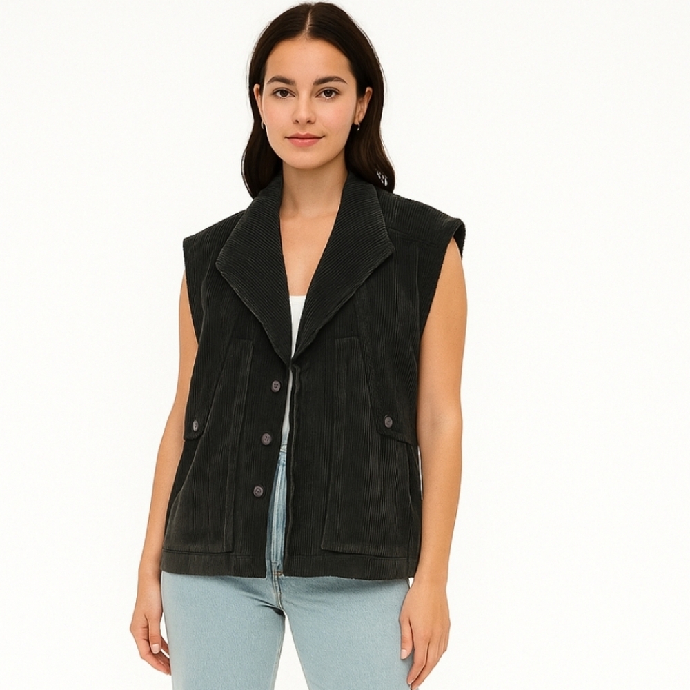 biker boho Retro black corduroy sweater vest jacket size S